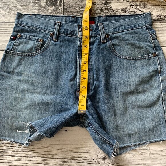Vintage Y2K Tommy Hilfiger Flag Patch Denim Cutoff Freedom Jean Shorts - Picture 11 of 13